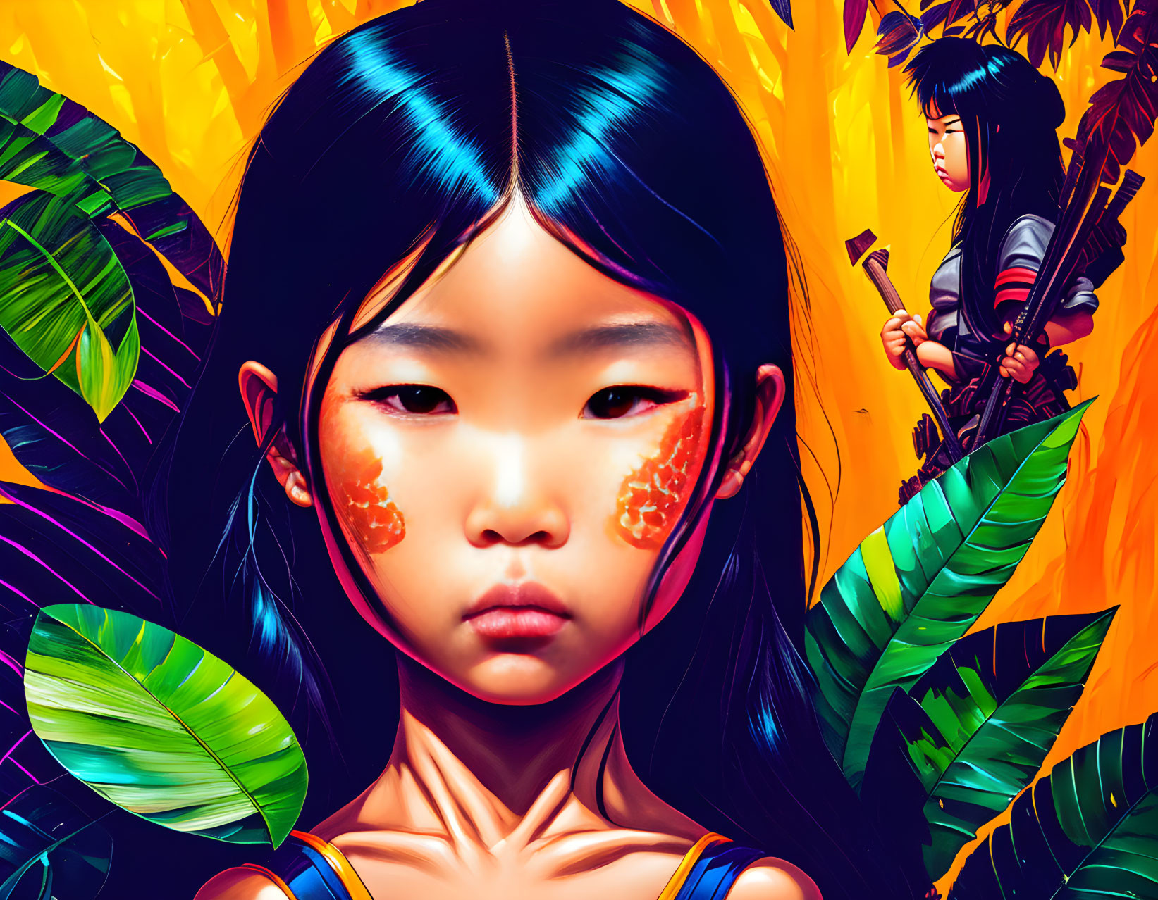 Colorful digital artwork featuring young girl with blue-black hair, surrounded by lush tropical foliage and figure with