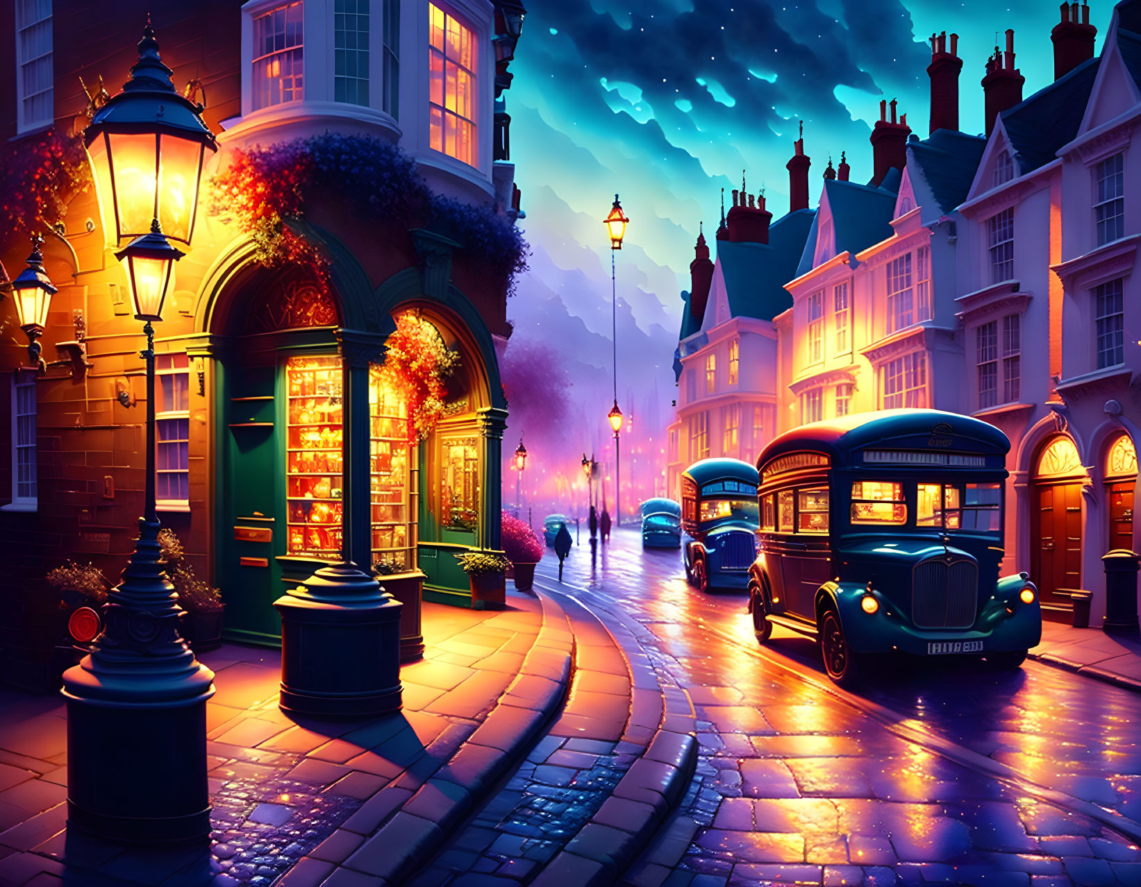 Vintage cars, shop fronts, cobbled streets in a twilight street scene