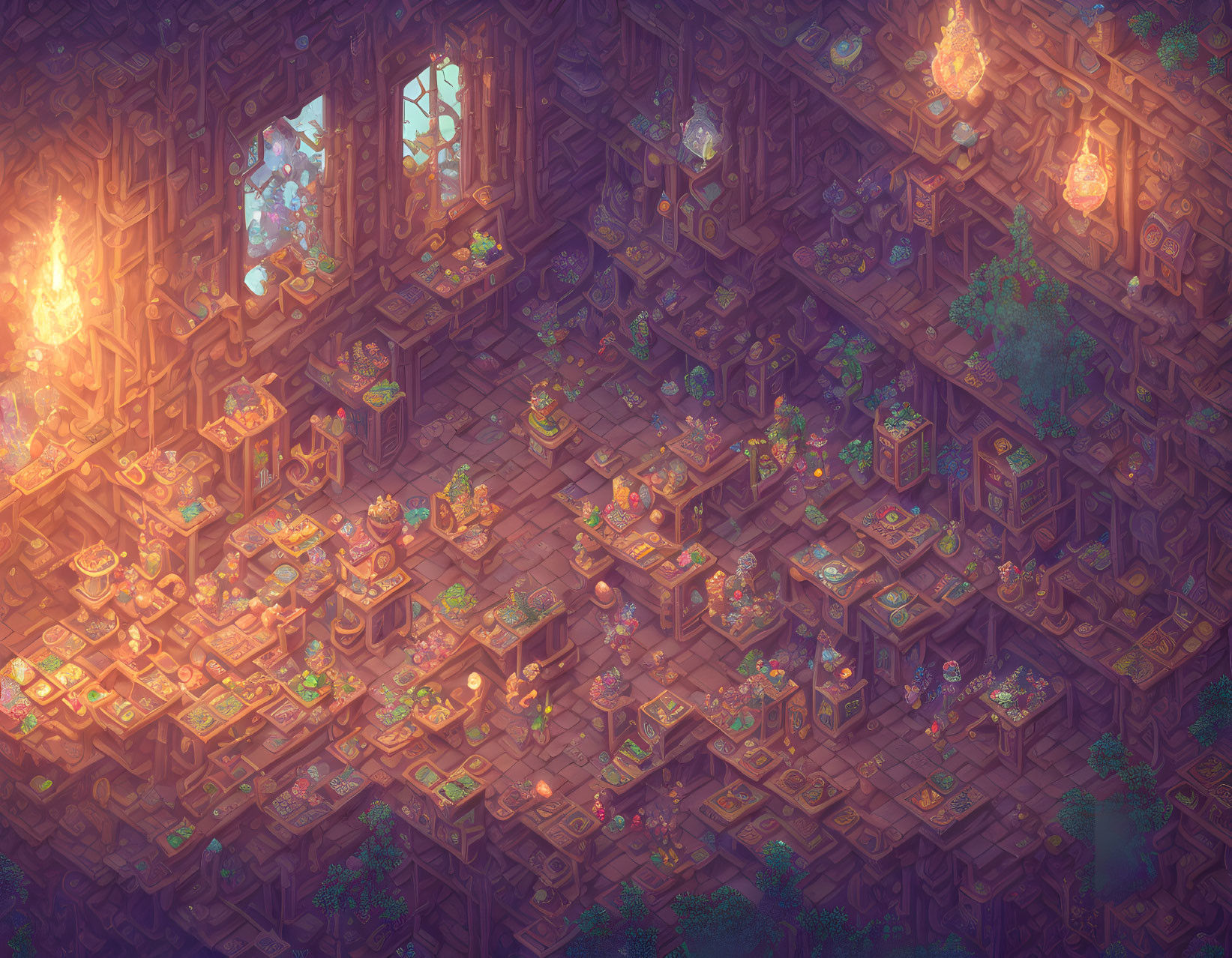 Detailed isometric illustration of mystical library with bookshelves, artifacts, lanterns