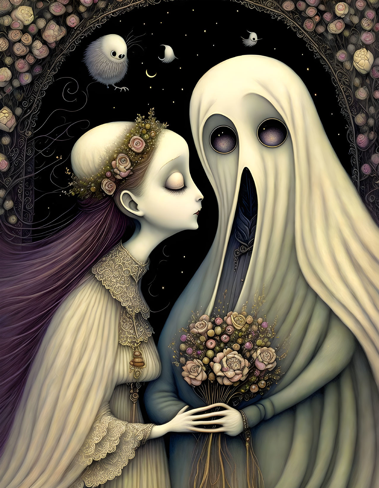 Gothic-style illustration: Pale woman with flower crown and ghostly figure among owls and roses