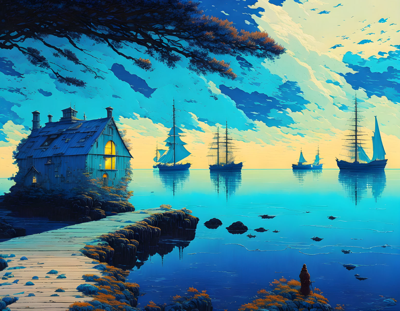 Illustration of cliffside house by serene blue waters at sunset