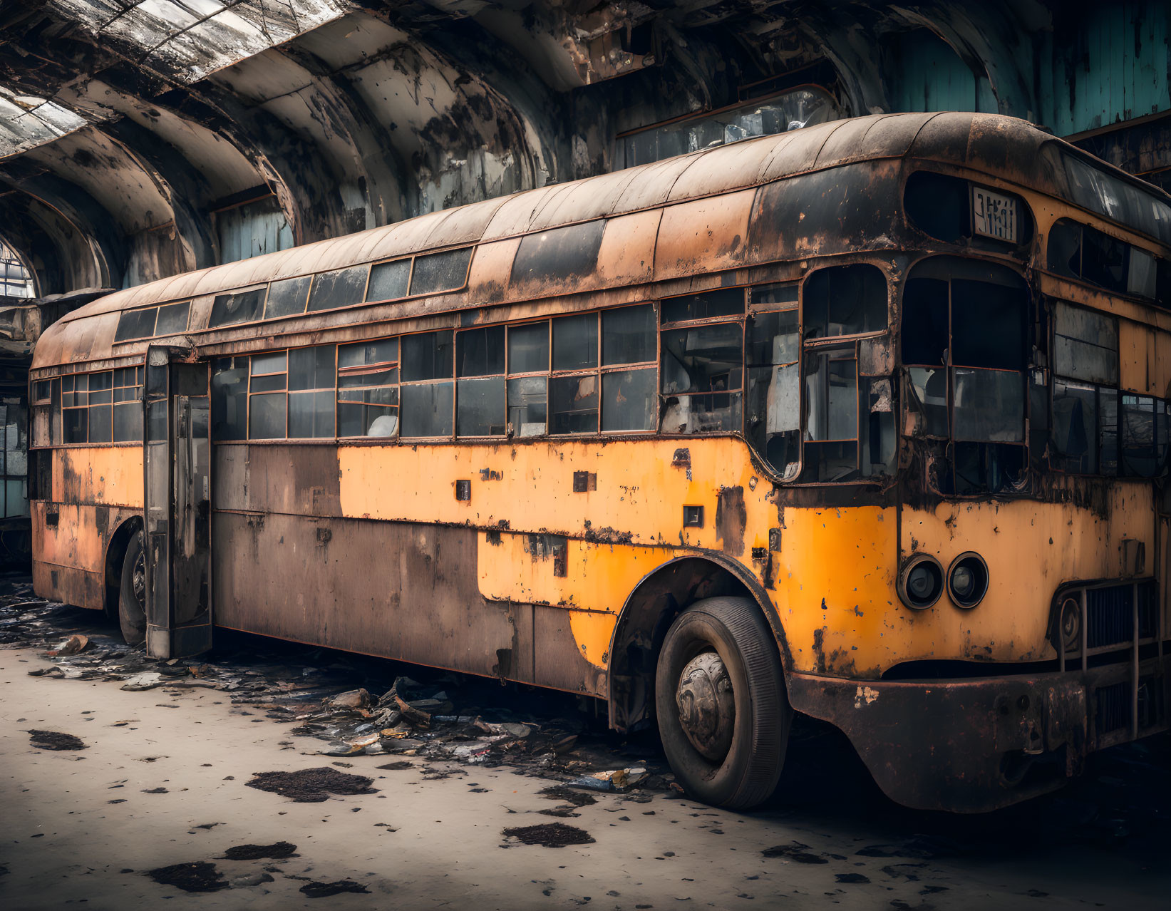 Abandoned rusty yellow and black bus in dilapidated building