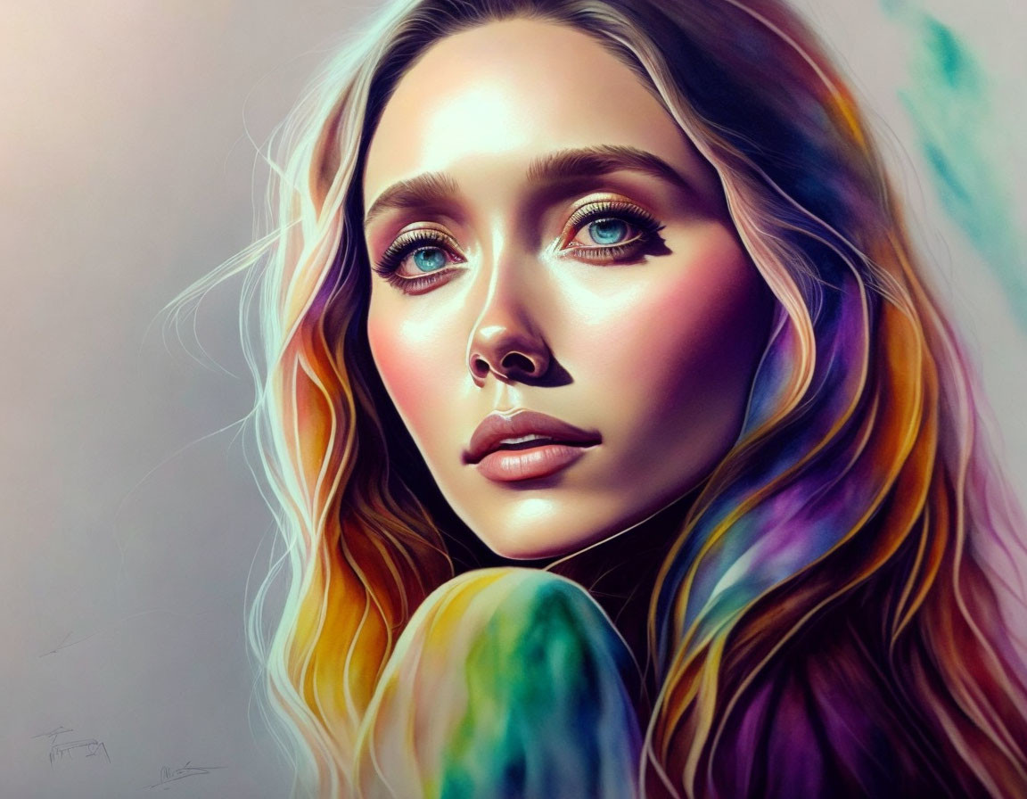 Digital painting of woman with captivating blue eyes and wavy blonde hair in vibrant colors