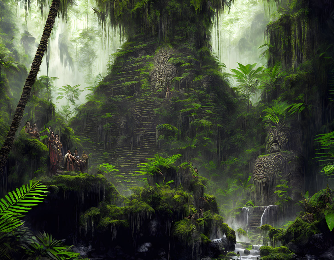 Mystical green forest with ruins, waterfalls, and explorers in lush foggy setting