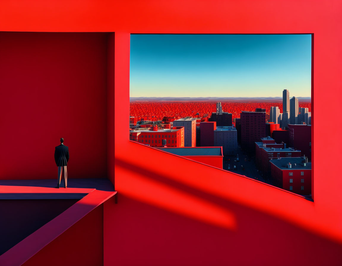 Person on balcony with bold red walls overlooking sunset cityscape