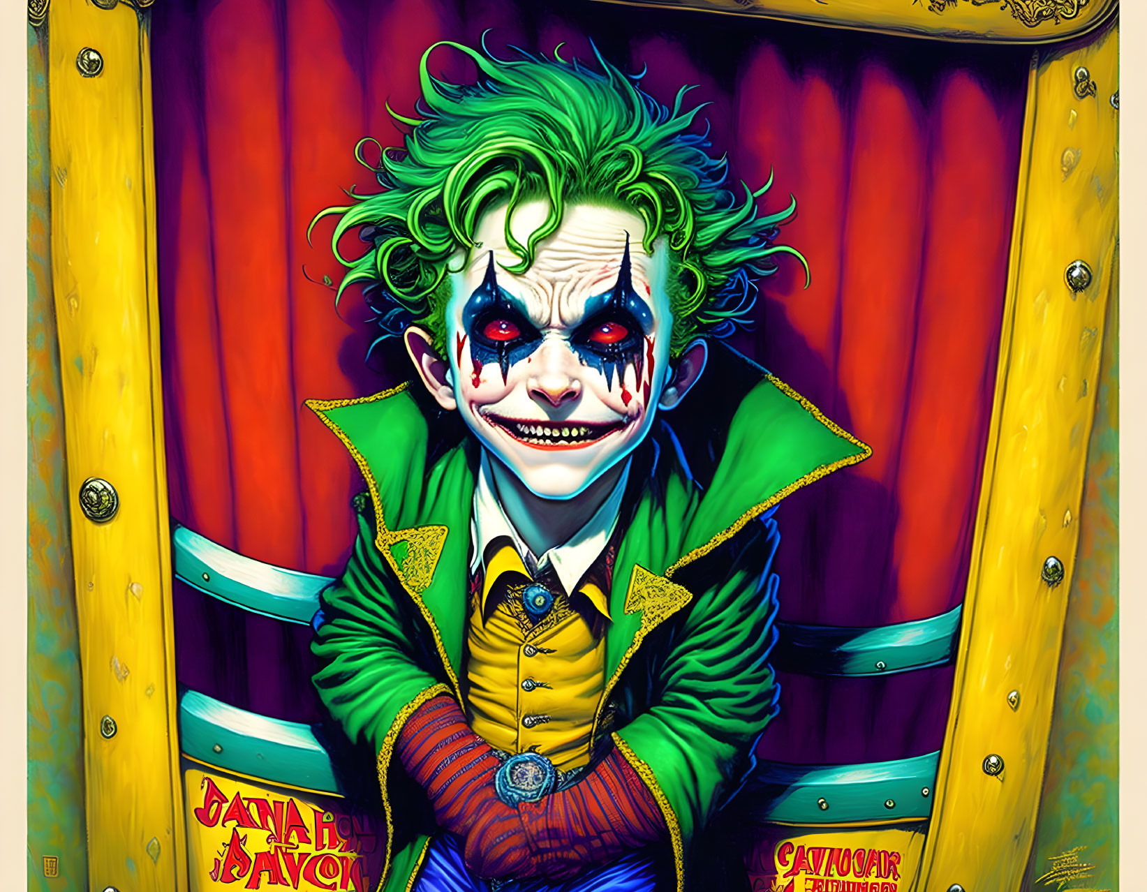 Vibrant Joker illustration in green suit on colorful background