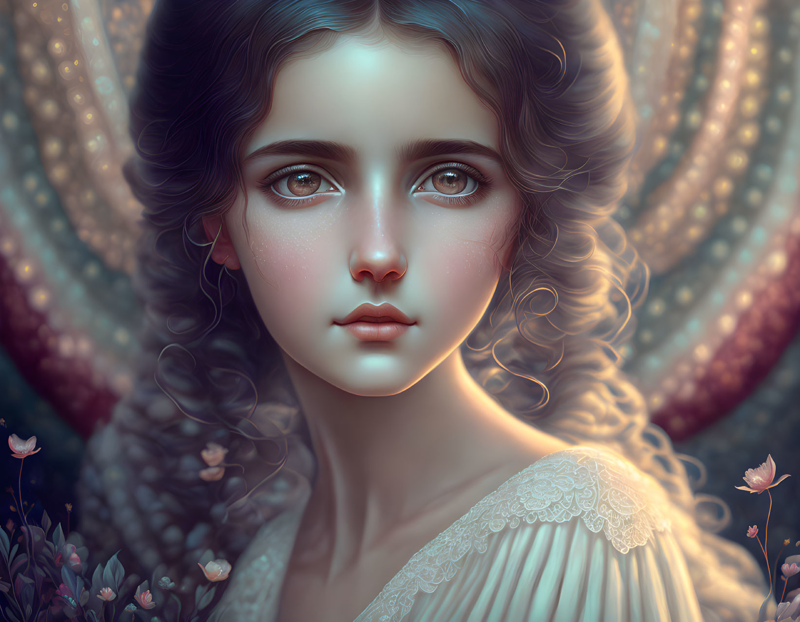 Detailed digital portrait of young woman with expressive eyes and ethereal flowers.