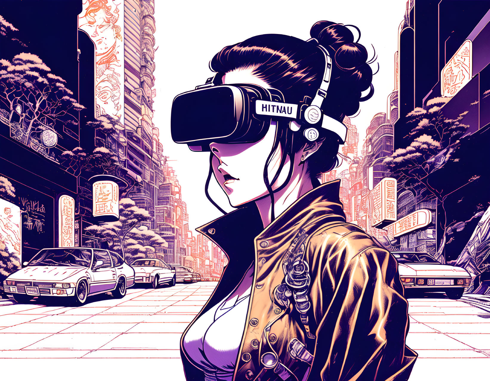 Futuristic cityscape with woman in VR headset