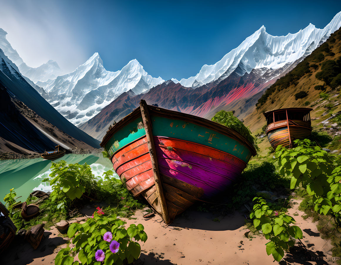 Scenic landscape with overturned boat, lush greenery, lake, mountains, and blue sky