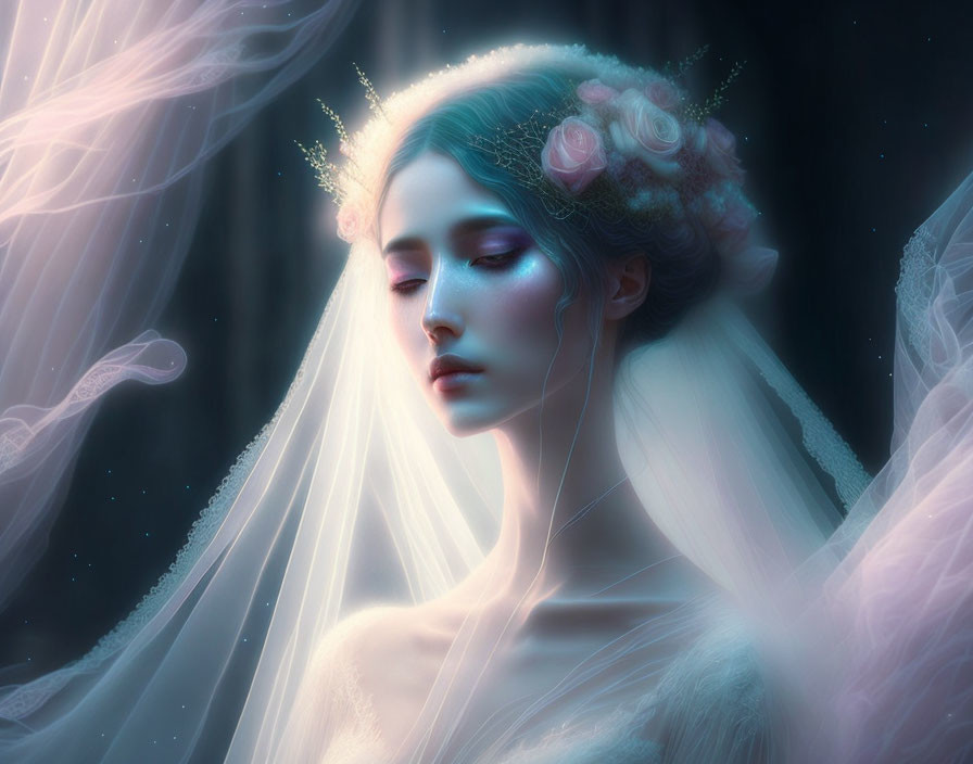 Woman with floral crown and veil in mystical forest setting.