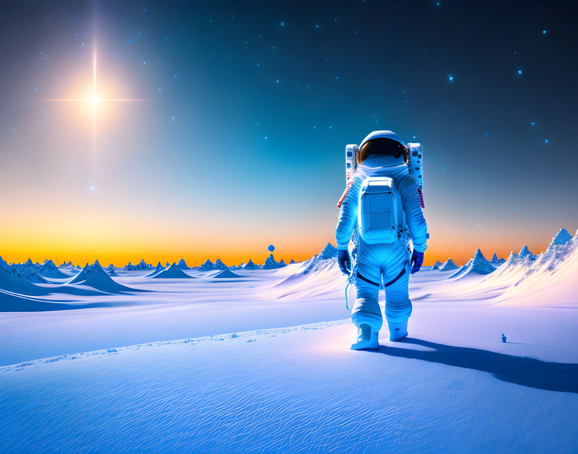 Astronaut exploring snowy alien landscape with icy peaks