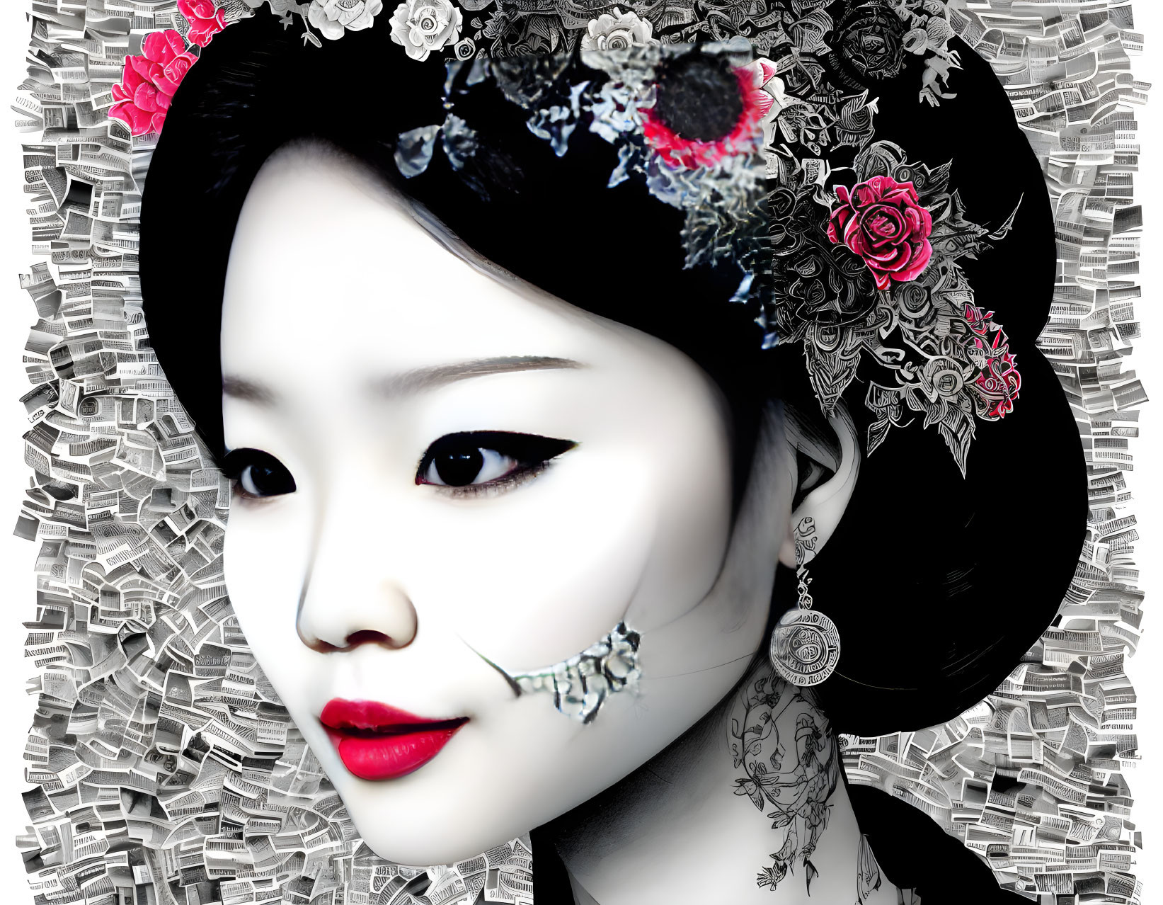 Digital artwork: Woman with pale skin, dark hair, floral adornments, dramatic makeup, and intricate