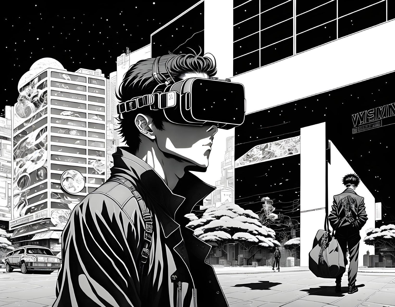 Detailed Monochrome VR Man in Futuristic Cityscape