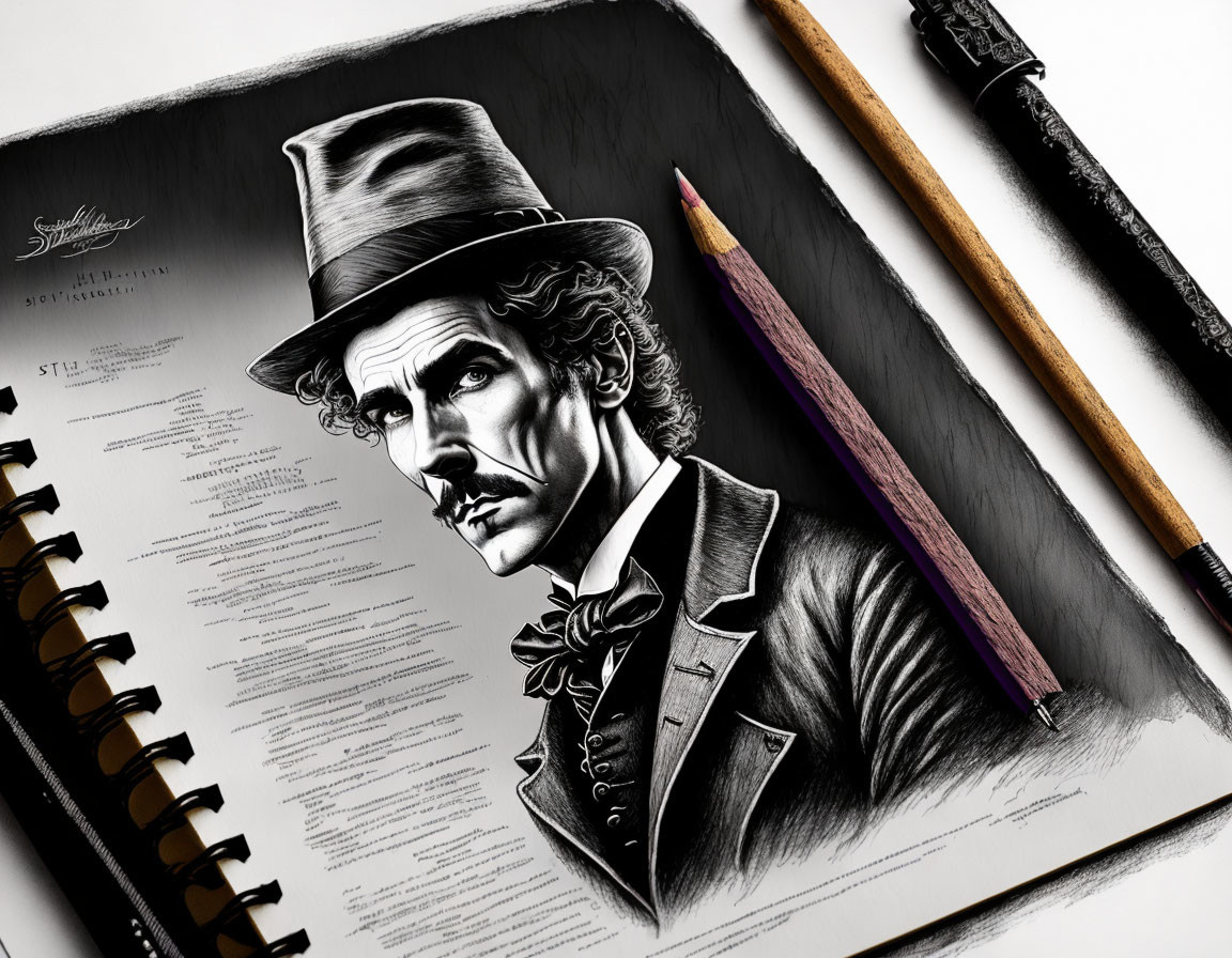 Monochrome sketch of man in top hat and suit with pencil and brush on notebook.