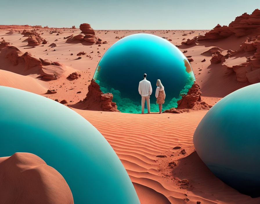 Couple in surreal desert landscape with reflective spheres