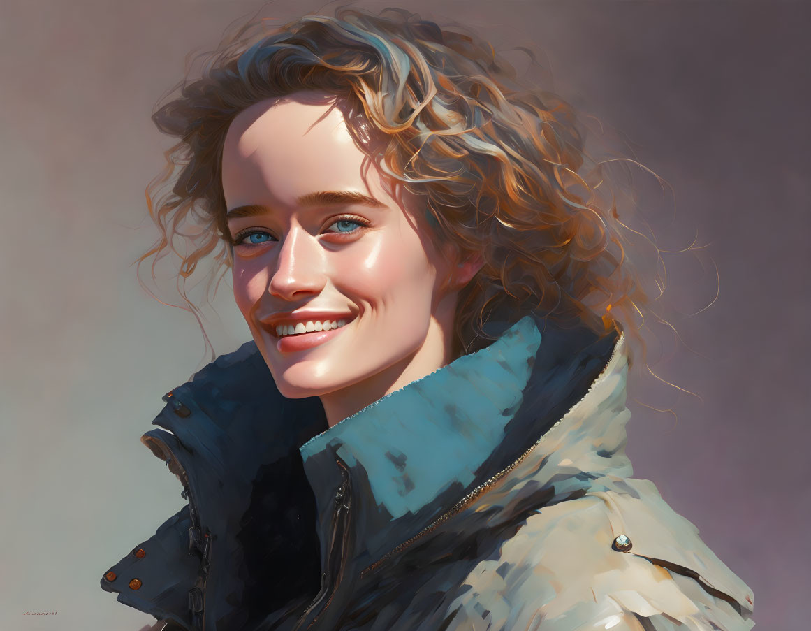 Smiling person with curly hair in blue jacket on soft background