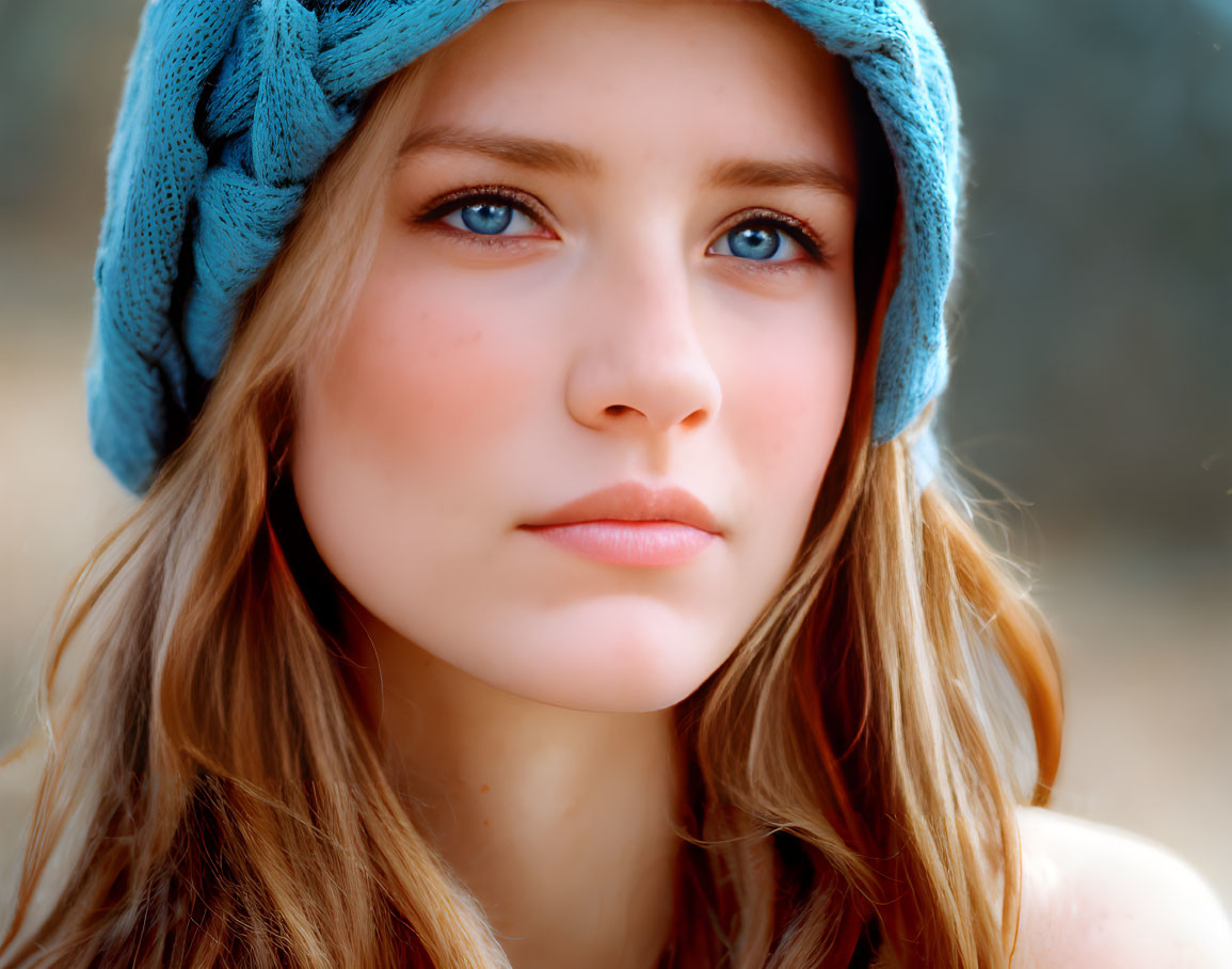 Blue-eyed woman in blue knitted hat gazes serenely.