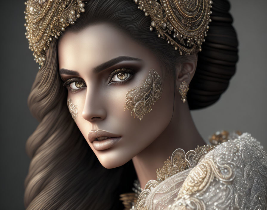 Intricate golden headpiece on woman in regal digital portrait