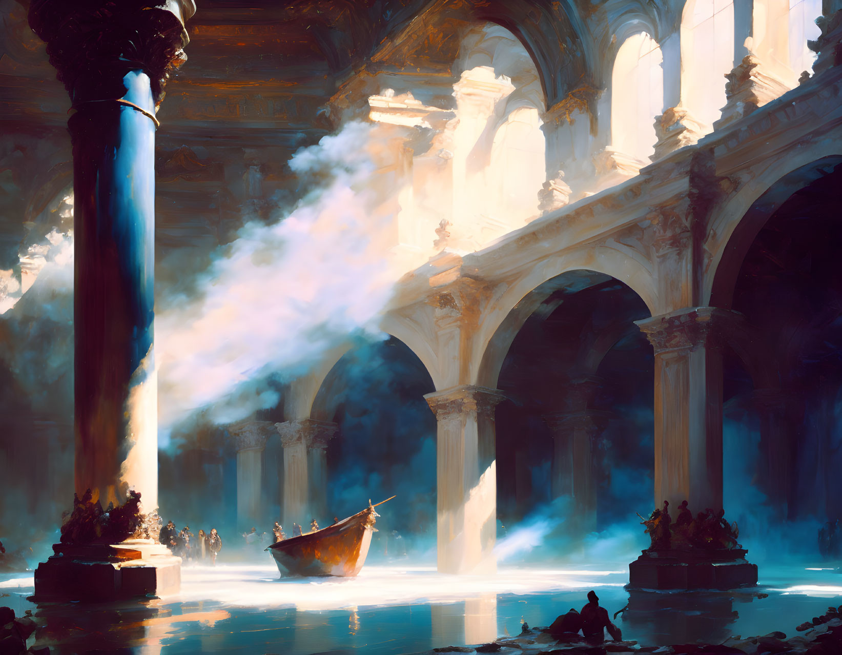 Ethereal cavern with ancient boat and misty light beams