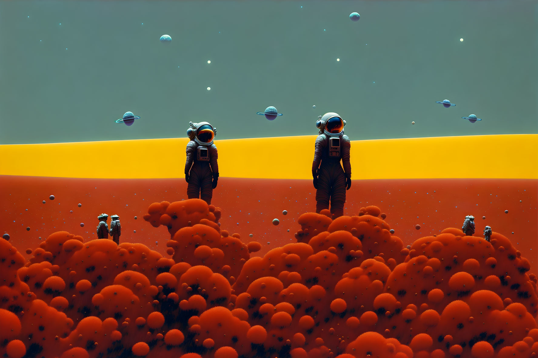 Astronauts exploring orange alien landscape with mushroom-like formations