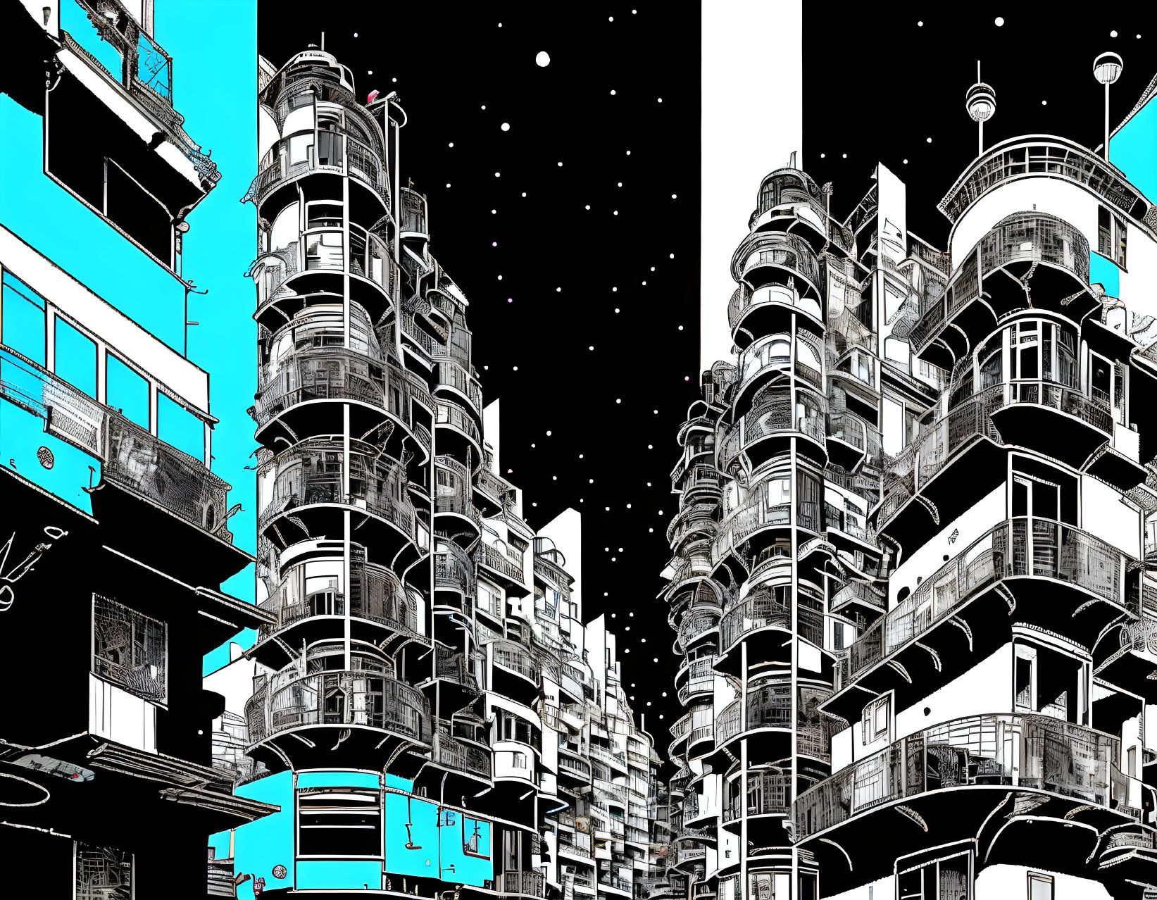 Detailed Monochrome Futuristic Cityscape Illustration with Cyan Blue Accents