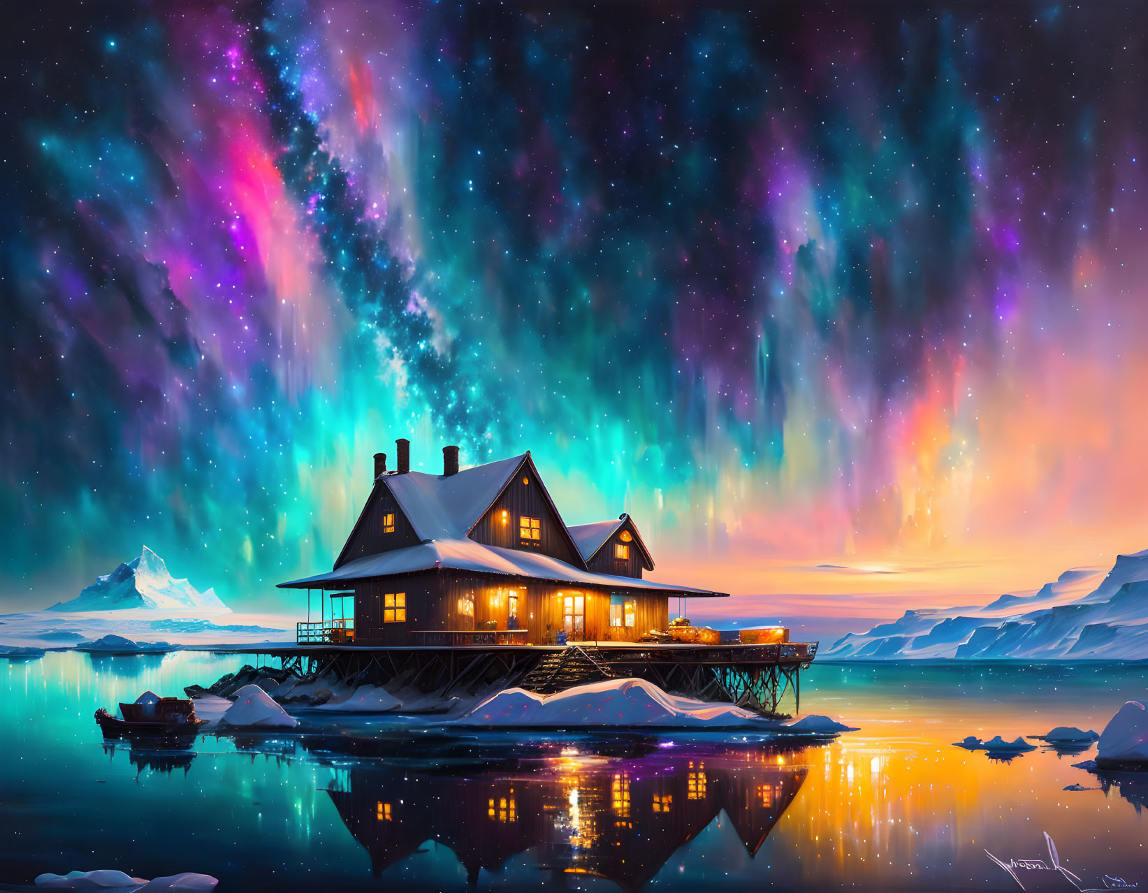 Scenic lakeside cabin under vibrant aurora borealis