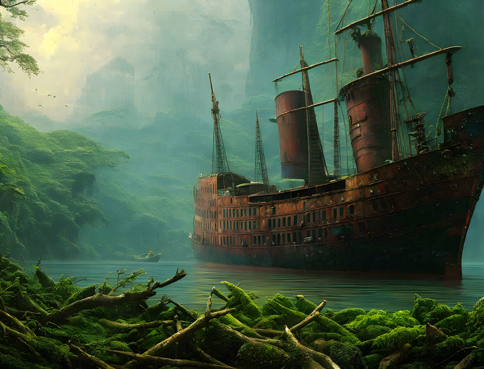 Rusting shipwreck surrounded by greenery, trees, and cliff