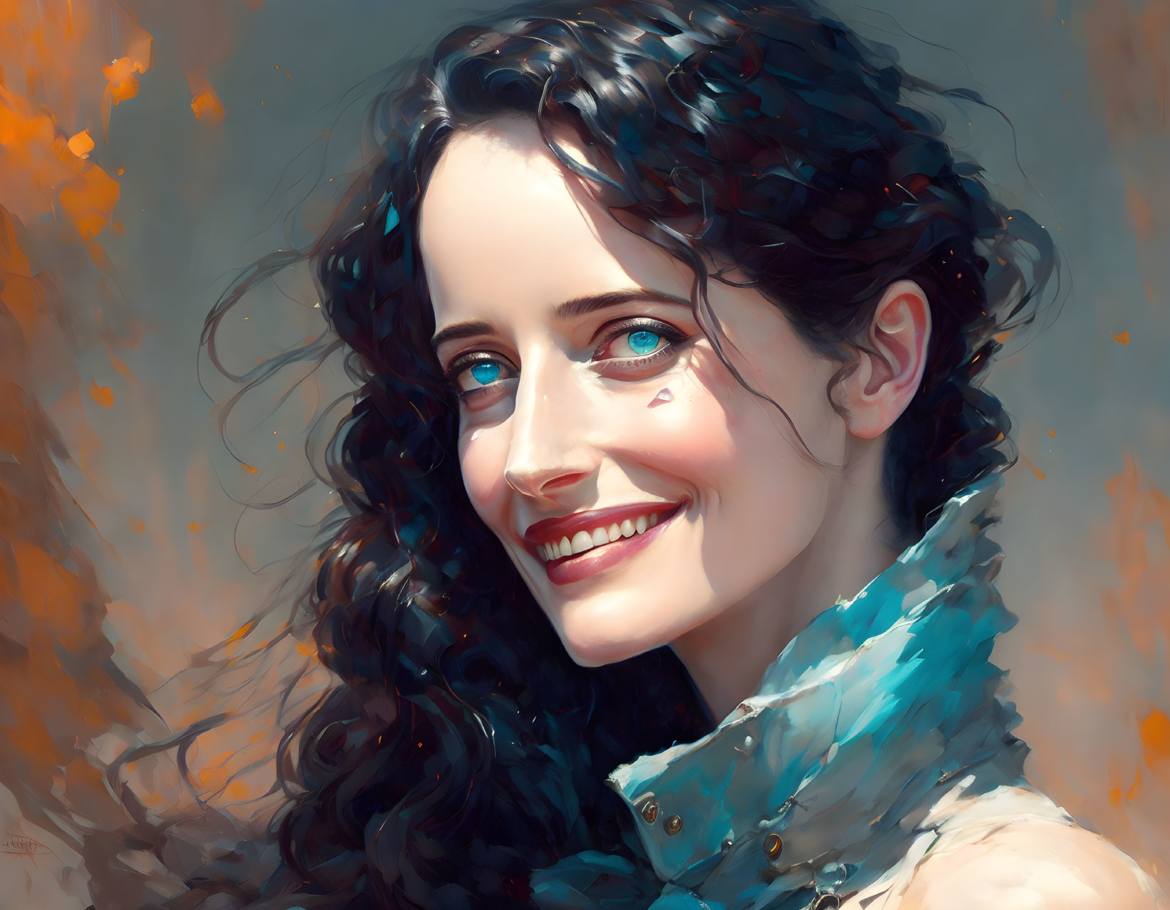 Smiling woman digital portrait with blue eyes and dark curly hair