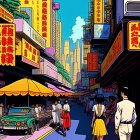 Colorful city street scene with neon signs, pedestrians, and vintage car