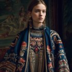 Historical dress with blue and gold embroidery next to classic painting