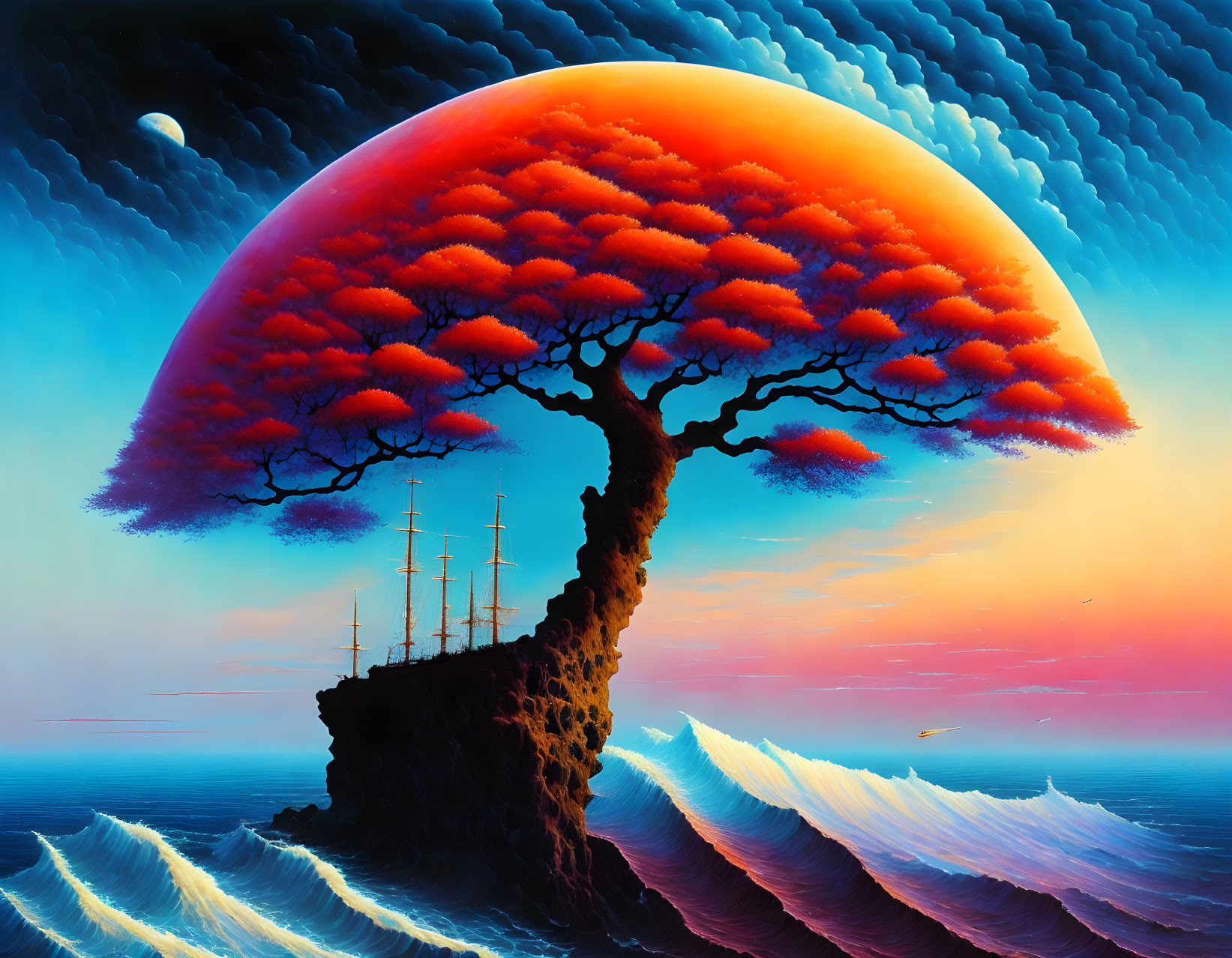 Giant tree on cliff with red moon, ships, and crashing waves landscape.