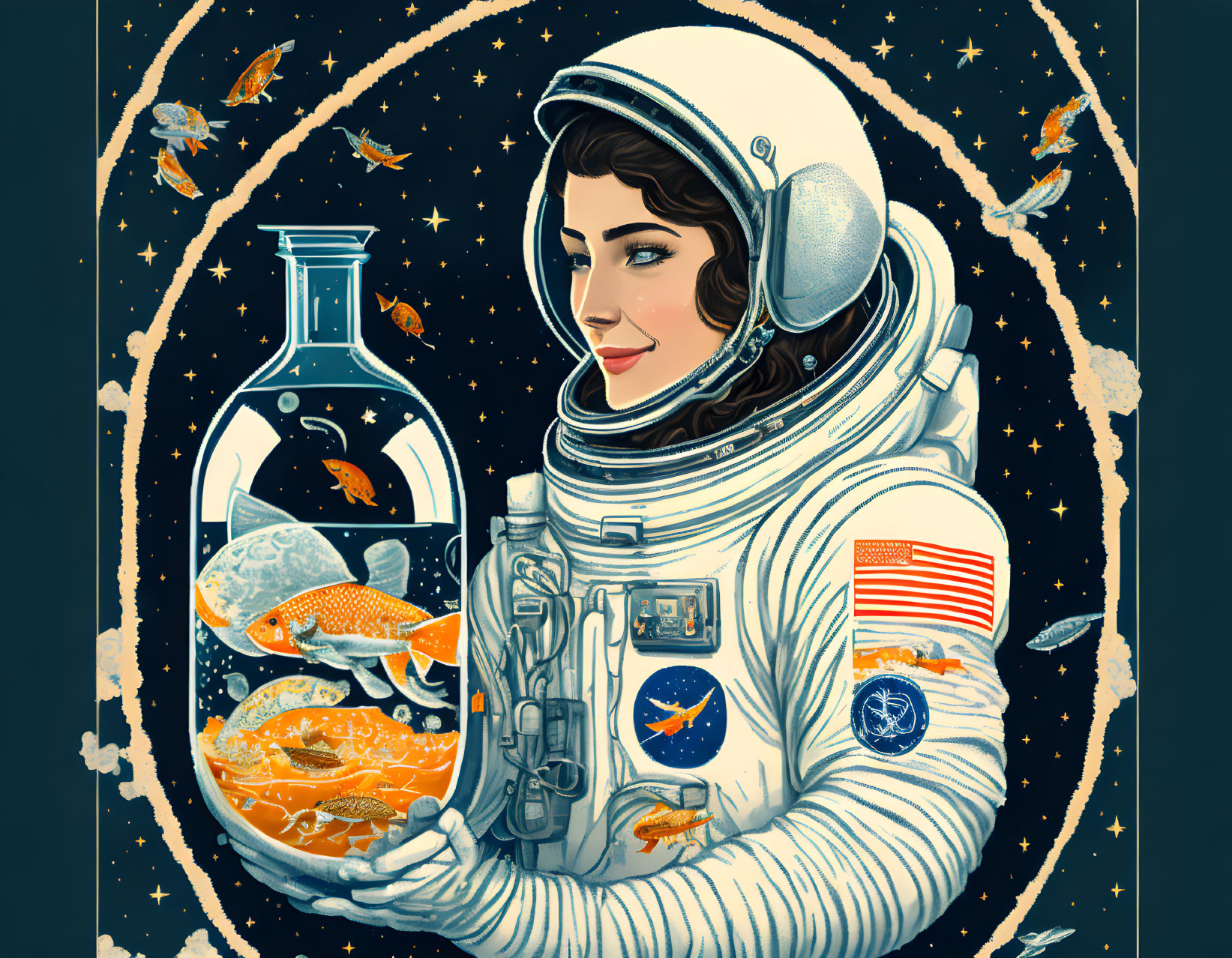 Astronaut holding goldfish bottle in space scene