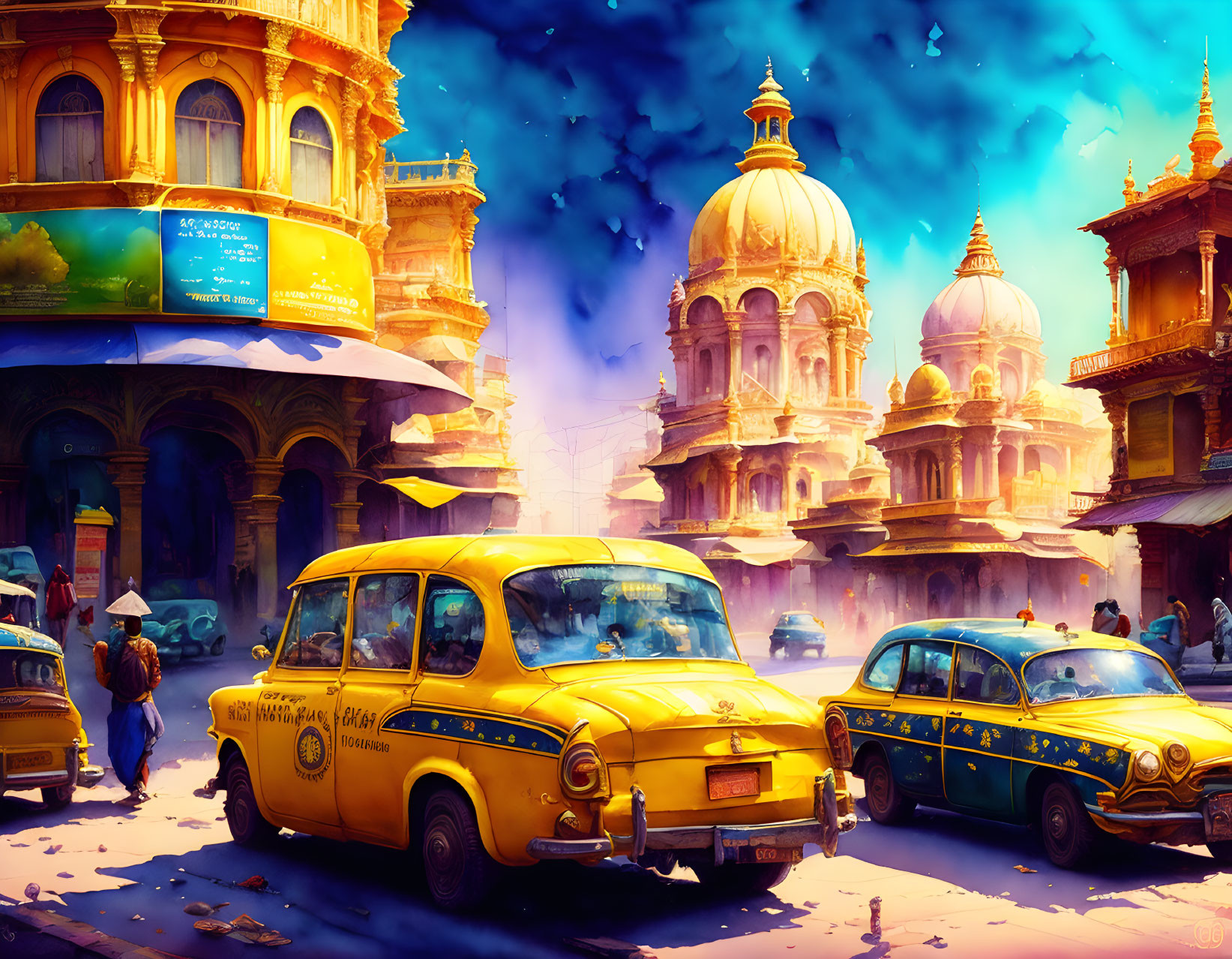 Vibrant street scene with yellow vintage taxis and pedestrians against golden-domed buildings under blue sky