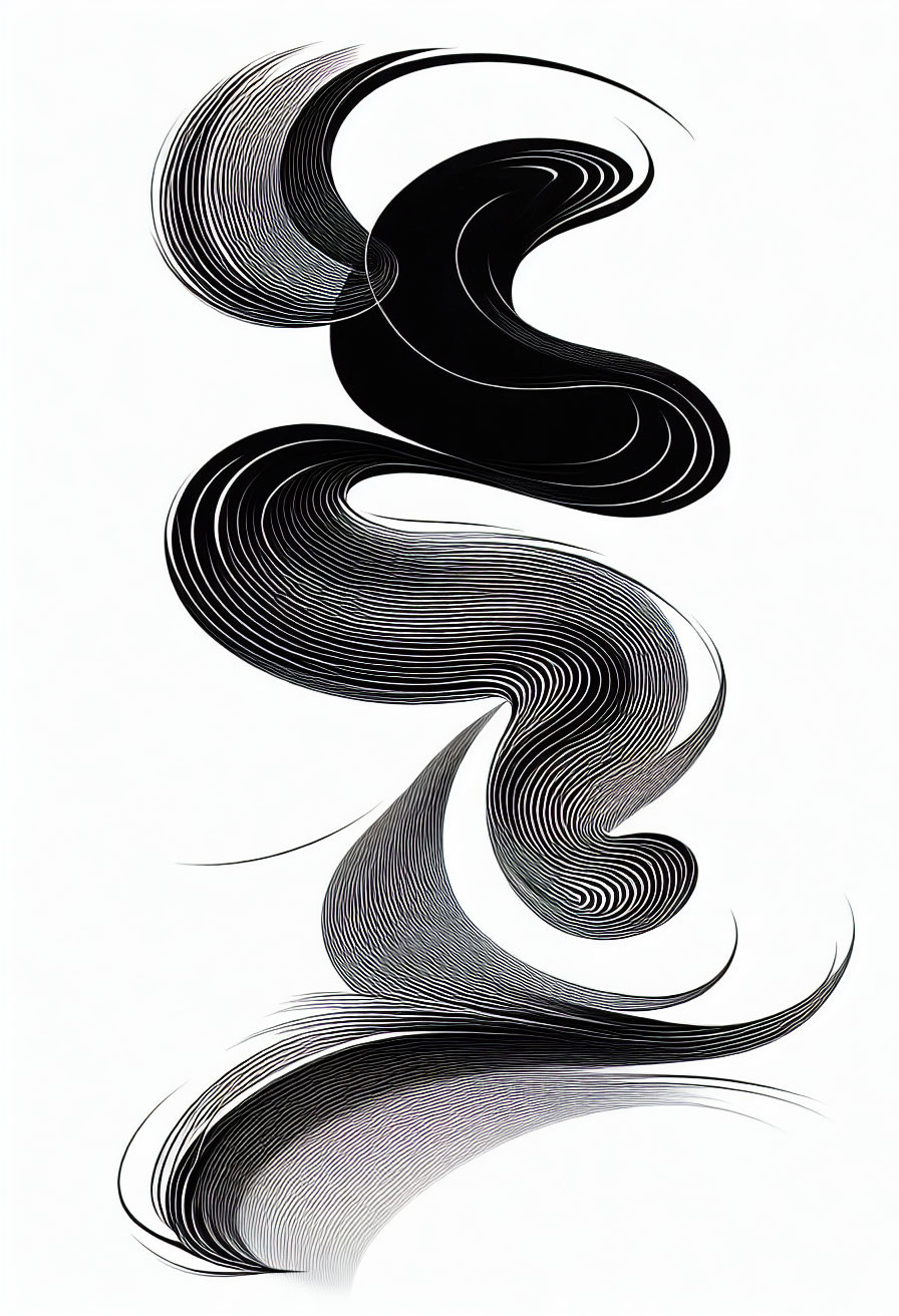 Monochrome abstract artwork: Flowing, intertwined lines in S-shaped pattern