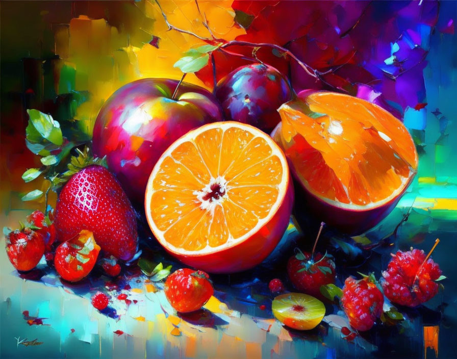 Vibrant Fruit Painting with Strawberries, Oranges, and Apples