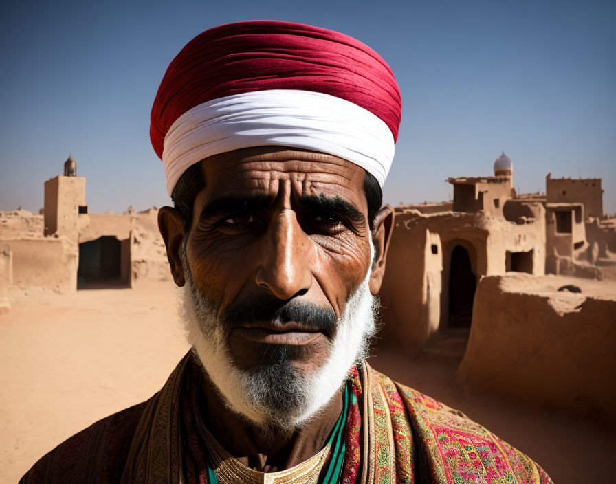 Man in Red Turban and Patterned Garment in Desert Setting