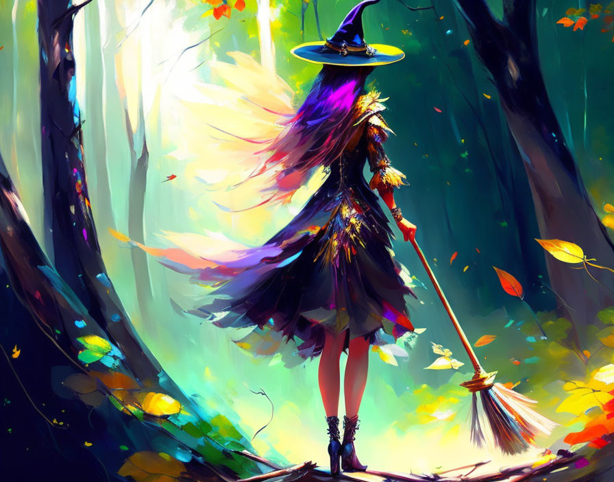 Colorful Witch in Vibrant Forest Clearing with Swirling Leaves