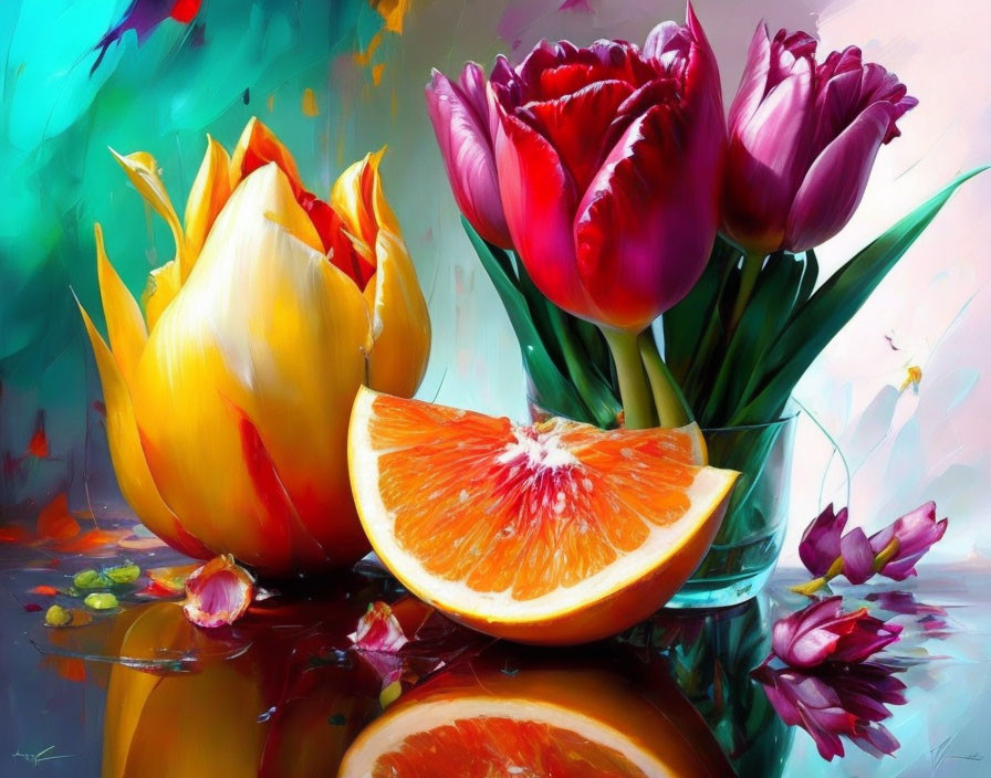 Colorful Still-Life Painting: Vibrant Tulips and Sliced Orange