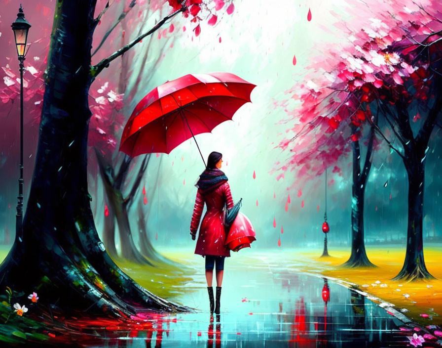 Person in Red Coat with Umbrella Walking under Cherry Blossom Trees