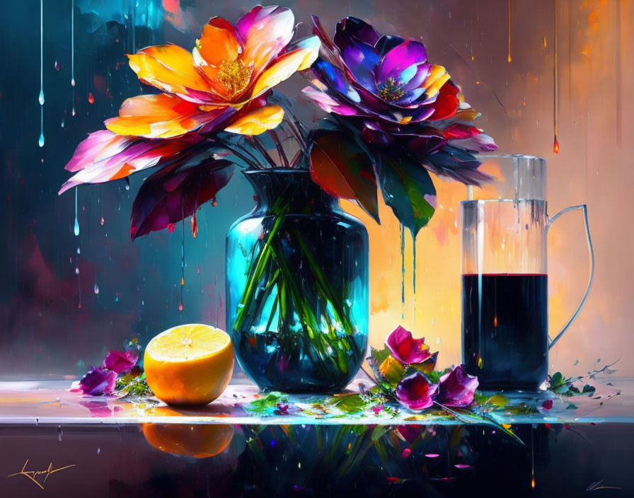 Colorful flower bouquet, lemon, and juice pitcher on reflective surface with dynamic background.