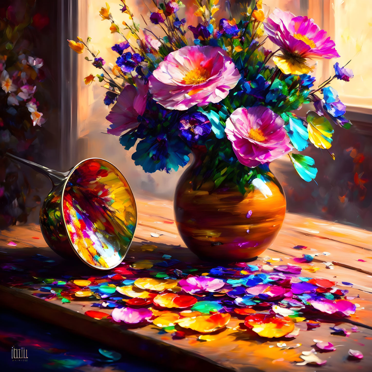 Colorful Flower Bouquet Painting with Sunglasses on Sunlit Table