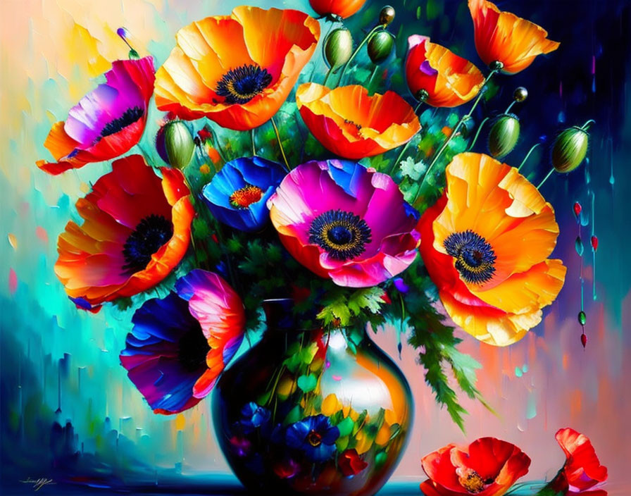 Colorful Poppy Bouquet Painting on Abstract Background