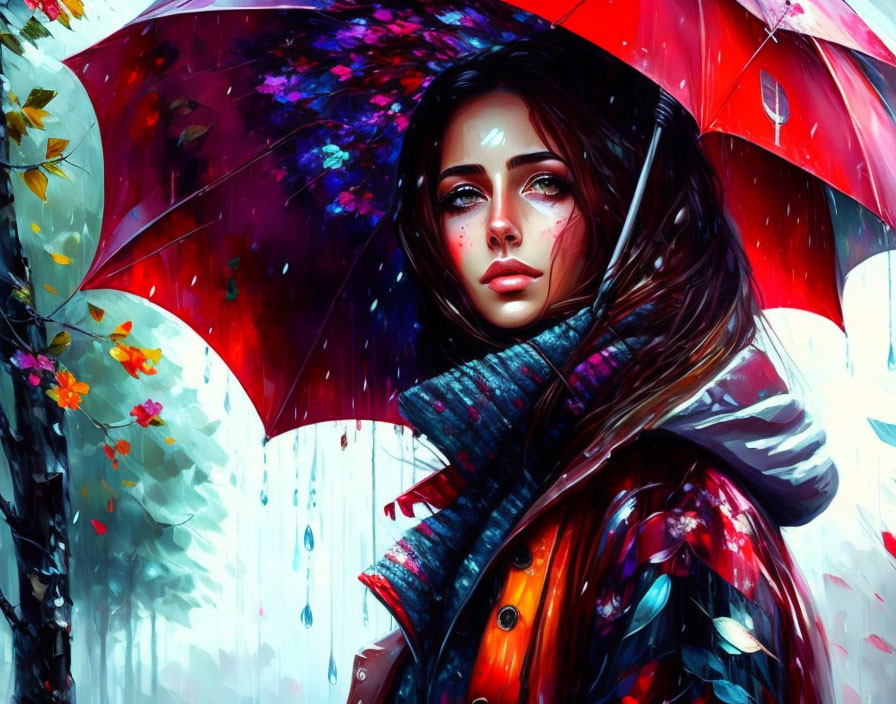 Vibrant digital painting of a woman with umbrella, rain-splattered hues