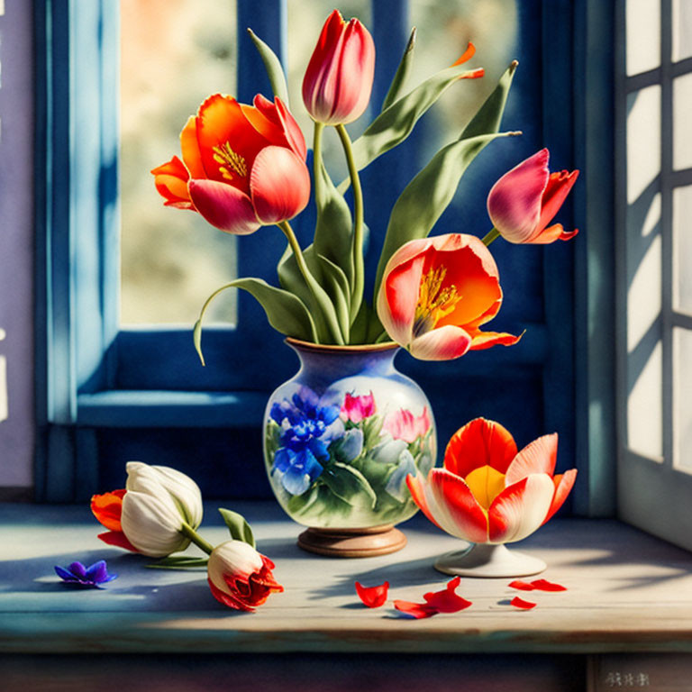 Vibrant Tulips Painting in Floral Vase by Sunny Window