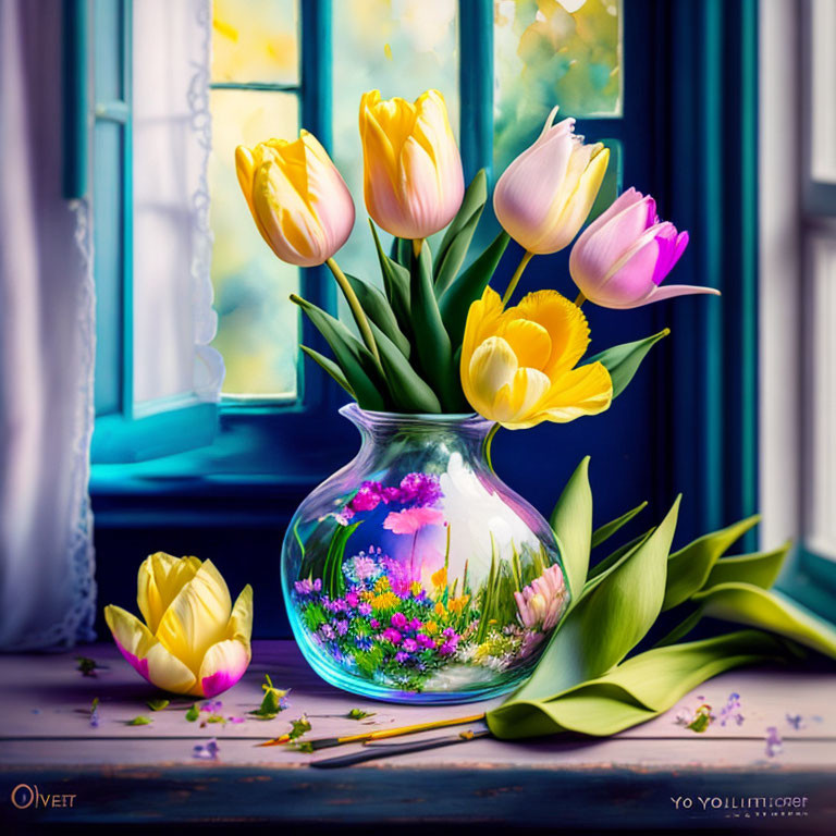 Bright yellow tulips in clear vase with scattered petals and paintbrush by window