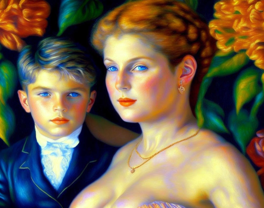 Colorful painting of woman and boy with blue eyes in nature setting