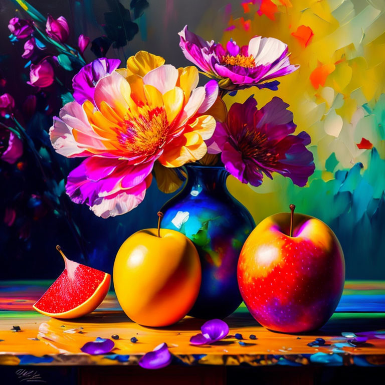 Colorful still life painting: blue vase, blossoms, apples, orange slice, and petals on