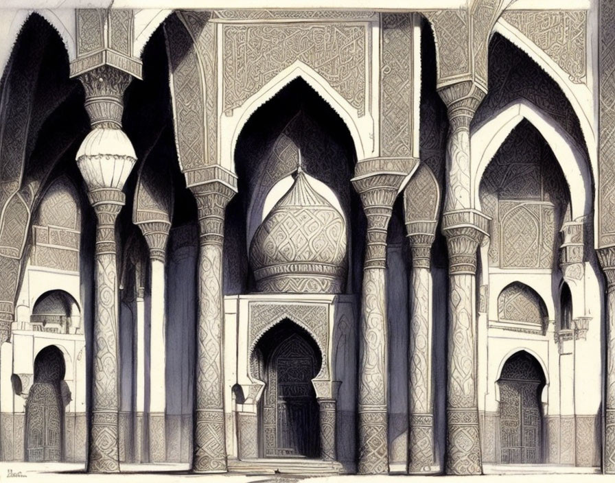 Detailed Islamic architecture interior with arches, columns, and geometric patterns