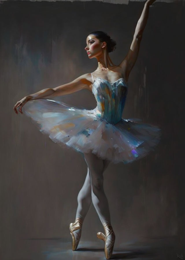 Graceful ballet dancer in blue and white tutu en pointe