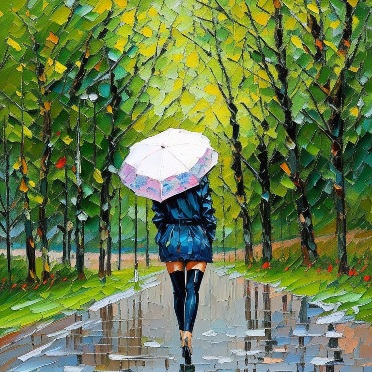 Colorful Umbrella Walker on Vibrant Rainy Pathway